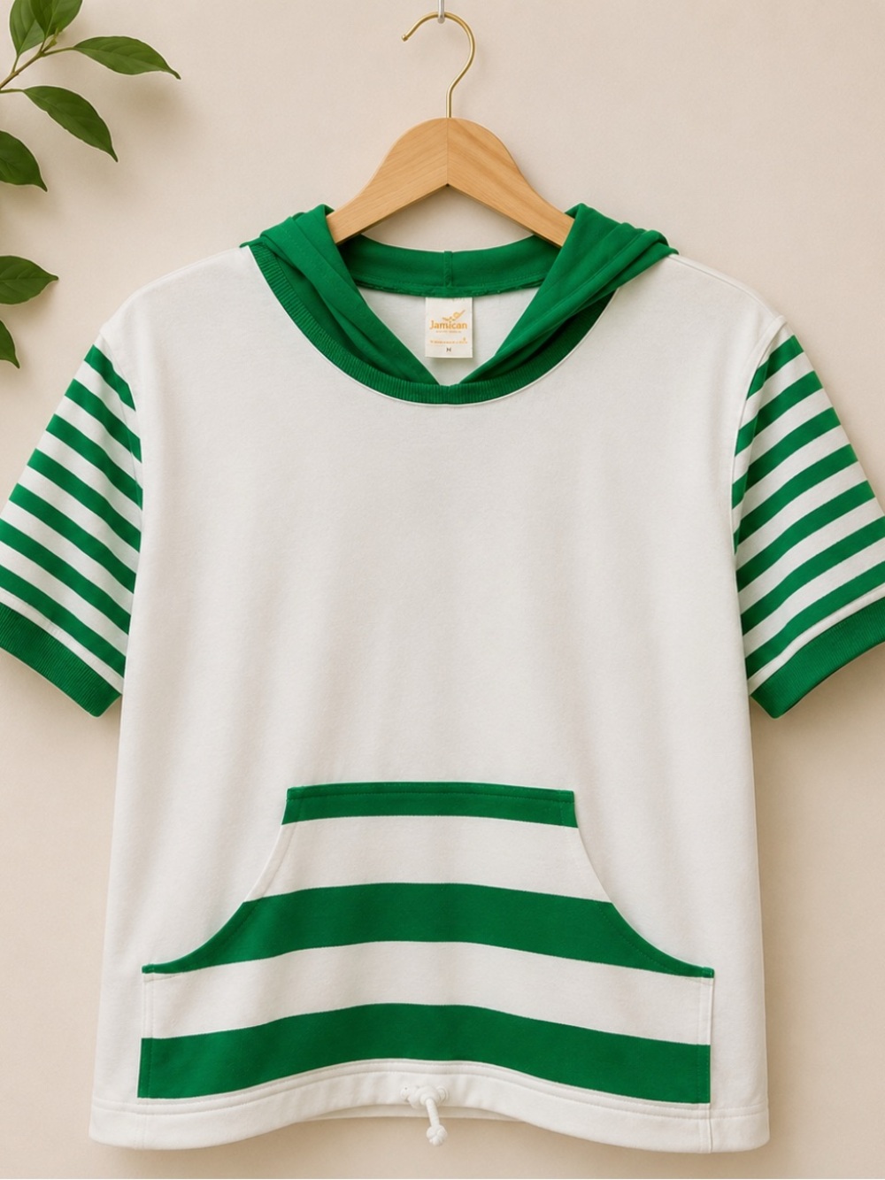 Vintage Jantzen Made in USA Green White Striped Hooded Sweatshirt Short Sleeve